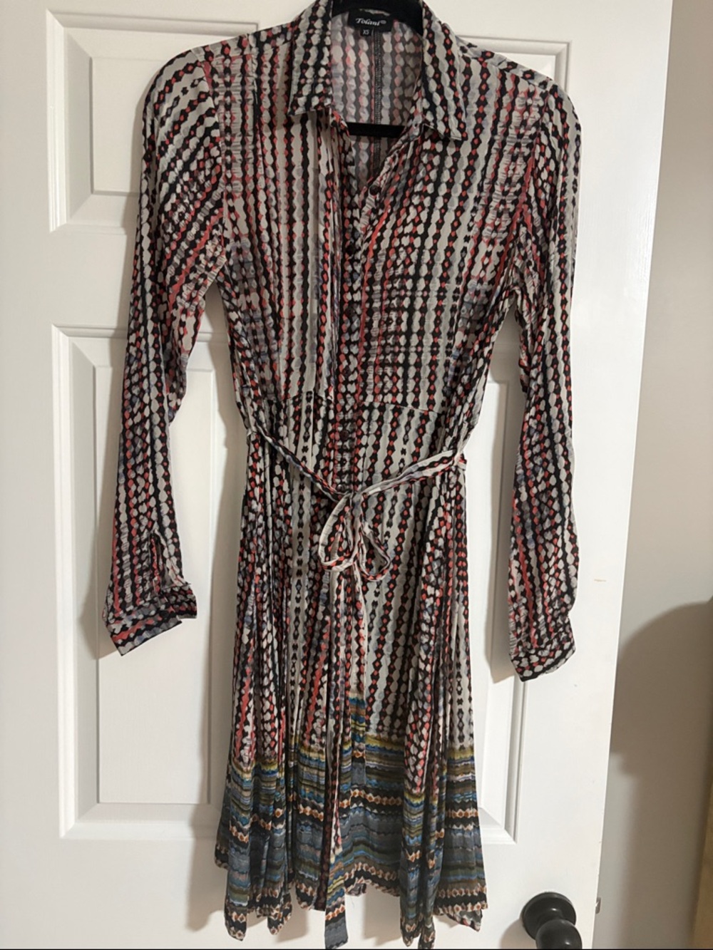 Silk Tolani Multi-Color Long-Sleeve Shirt Dress with Tie Waist